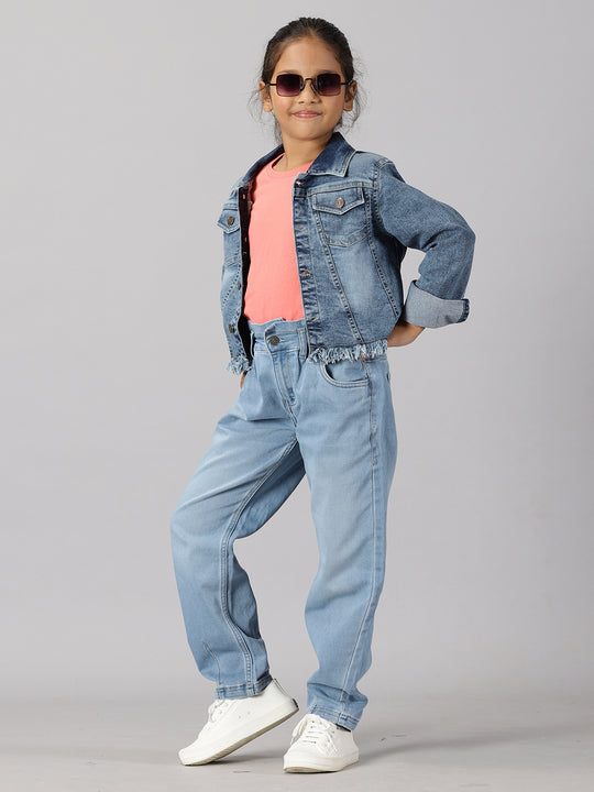 Girls Solid Tee & Denim Jacket & Denim Pant Set