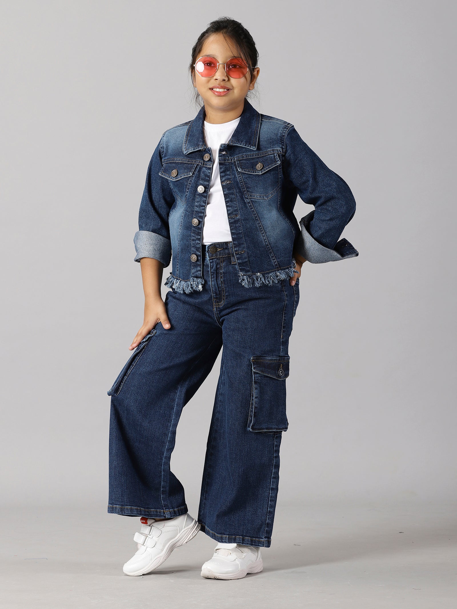 Girls Solid Tee Denim Jacket Denim Pant Set