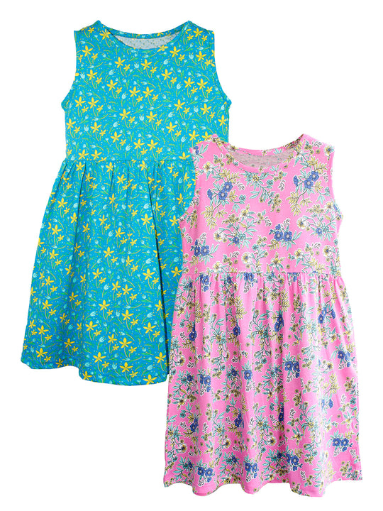 Girls Sleeveless Yoke Gather Dress Pack Of 2