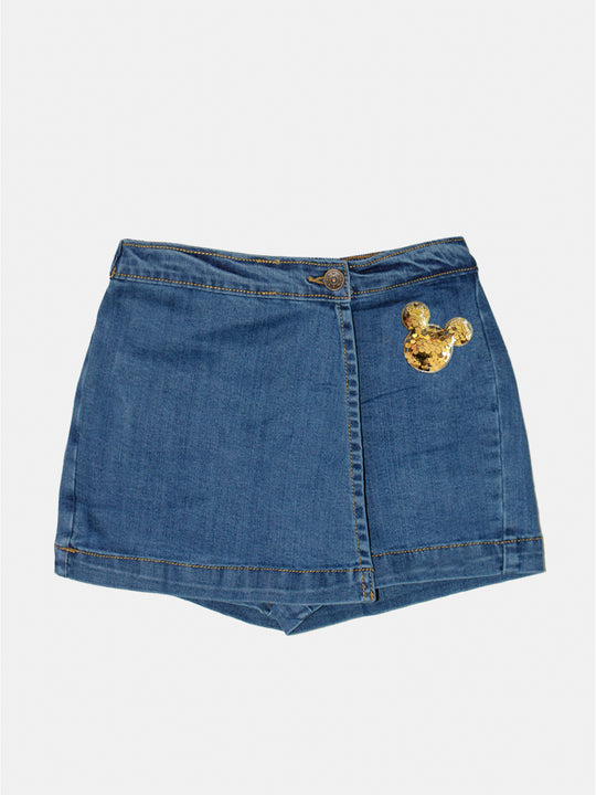 Girls Denim Over Lap Shorts With Applique