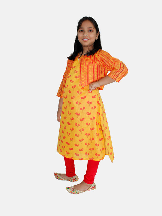 Girls Sleeveless Kurta with Crop Shrug & Solid Legging Set