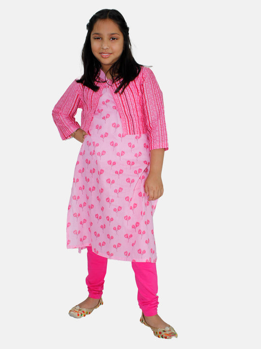 Girls Sleeveless Kurta with Crop Shrug & Solid Legging Set