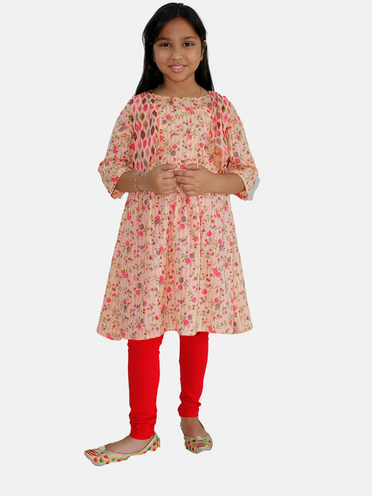 Girls Anarkali Kurta And Crop Shrug & Solid Legging Set