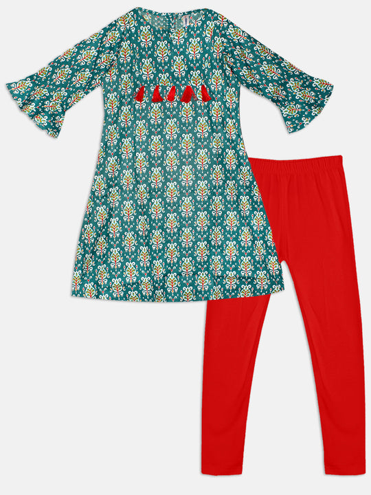 Girls Tassel Yoke Ethnic Kurta & Solid Legging Set