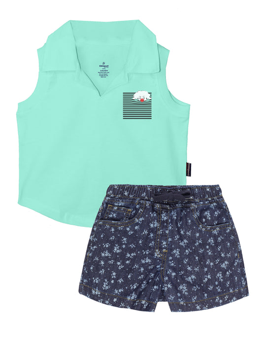 Girls Cropped Placement Print Polo & Denim Hot Shorts set