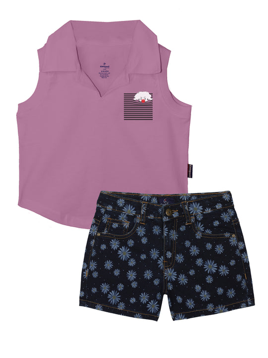 Girls Cropped Placement Print Polo & Denim Hot Shorts set