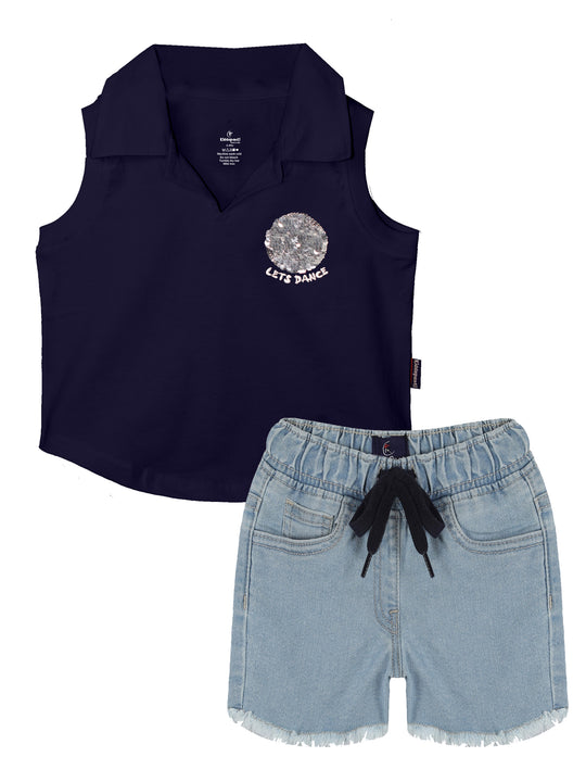 Girls Cropped Placement Print Polo & Denim Hot Shorts set