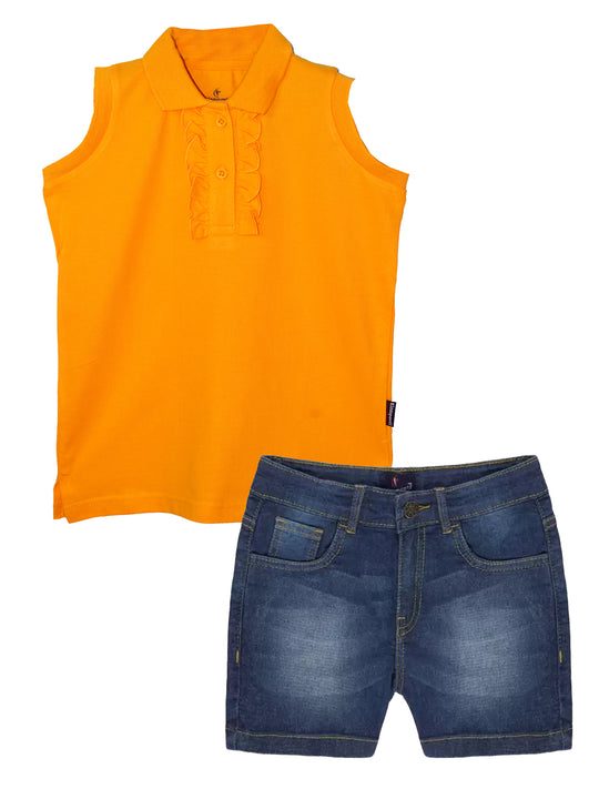 Girls Solid Sleeveless Polo Tee & Denim Hot Shorts Set