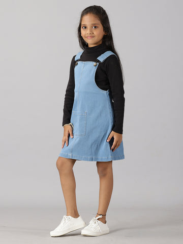 Girls Turtle Neck Tee & Denim Dungaree Skirt Set