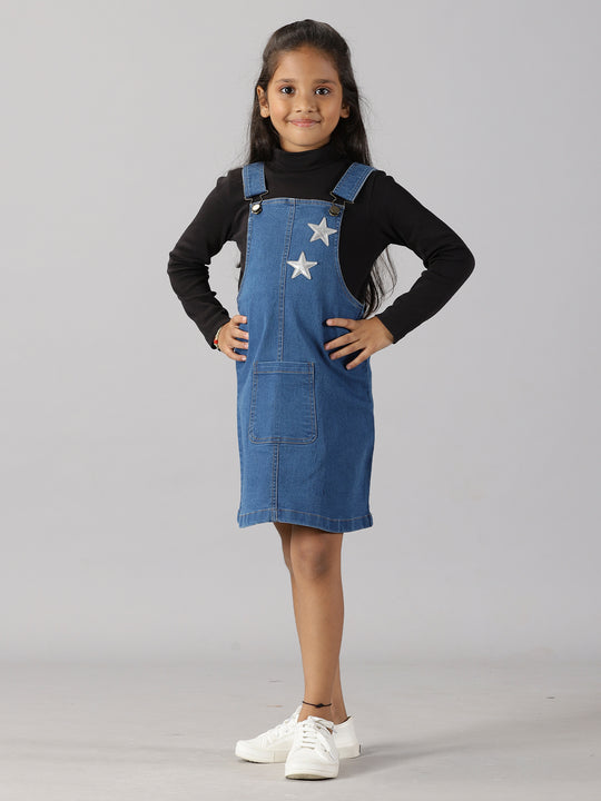 Girls Turtle Neck Tee & Denim Dungaree Skirt Set