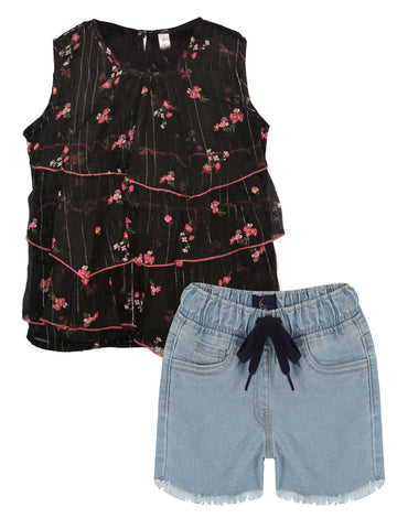 Girls Sleeveless Layered Top Denim Hot Shorts Set – Kiddopanti