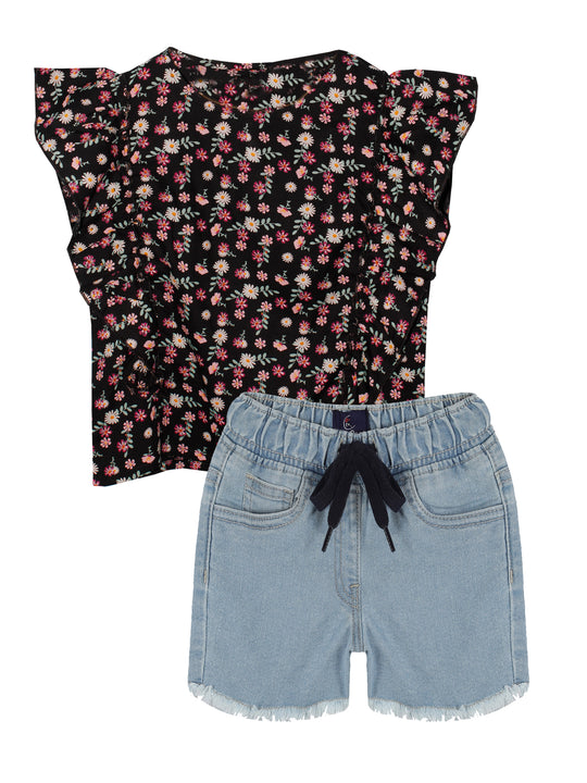 Girls Ruffle Top & Denim Hot Shorts Set