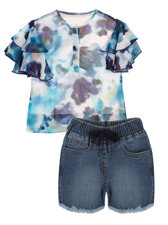 Girls Frill layered Sleeve Top & Denim Hot Shorts Set