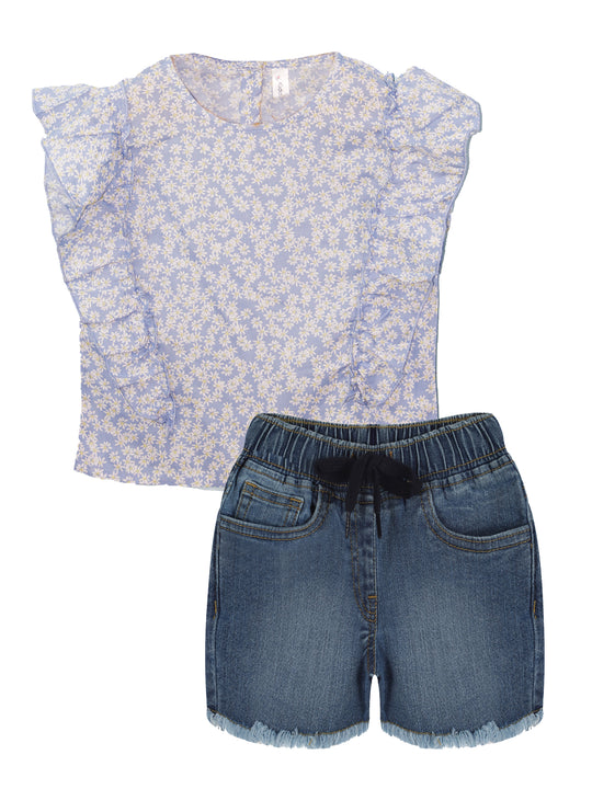 Girls Ruffle Top & Denim Hot Shorts Set