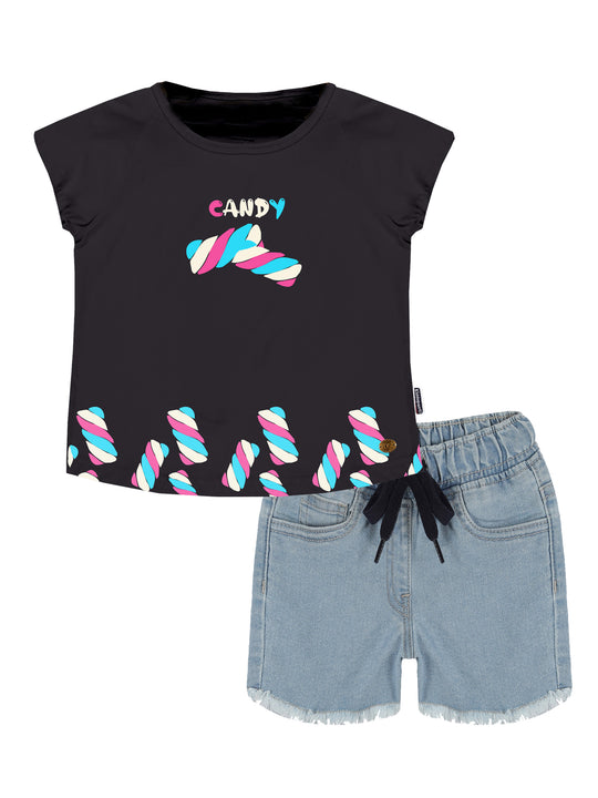 Girls Printed Raglan Sleeve Tee & Denim Hot Shorts Set