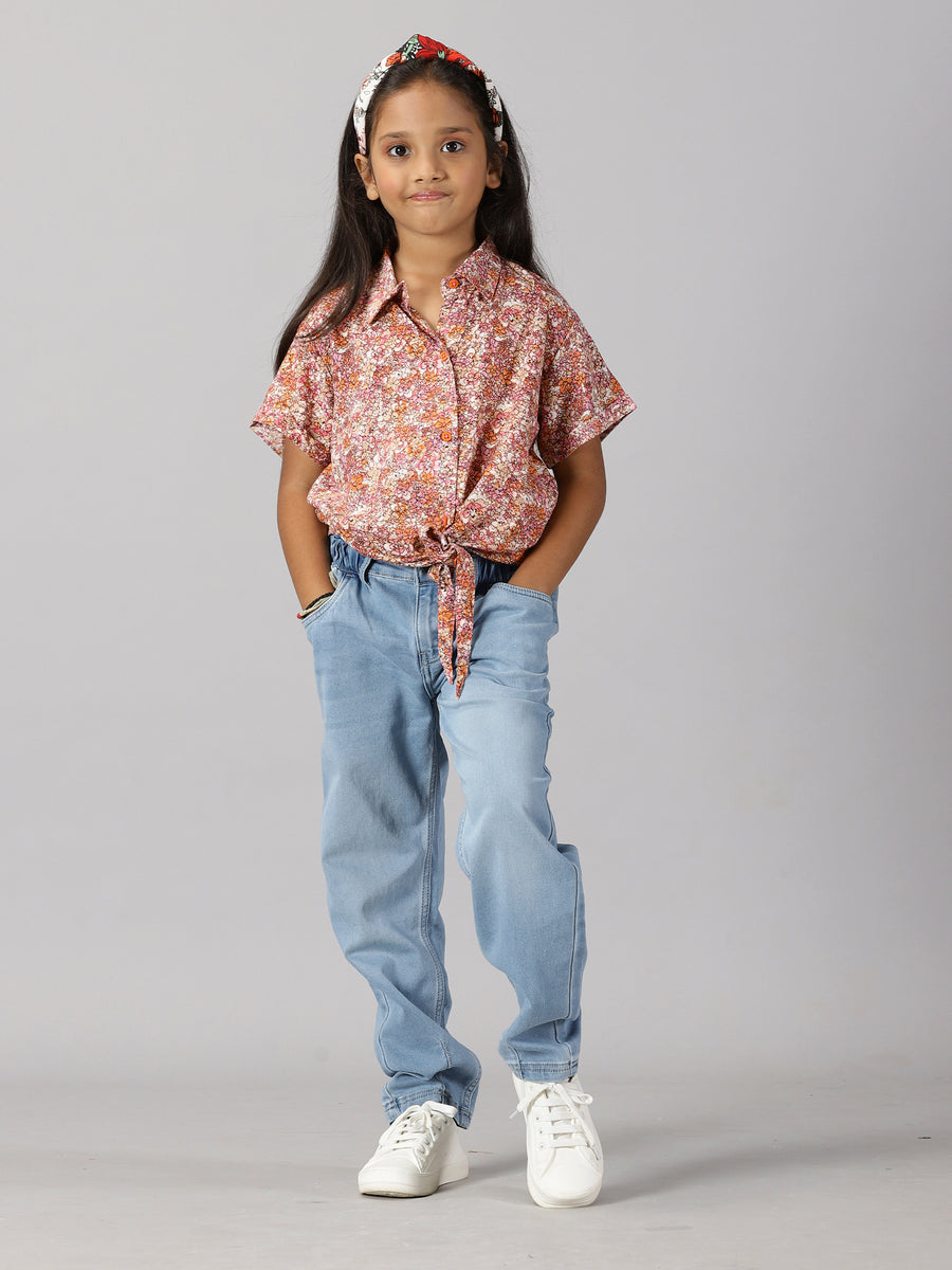 Girls Tie Up Top Paper Bag Jeans Pant Set