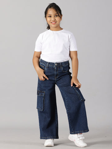 Girls Solid Tee Wide Leg Cargo Jeans pant Set – Kiddopanti