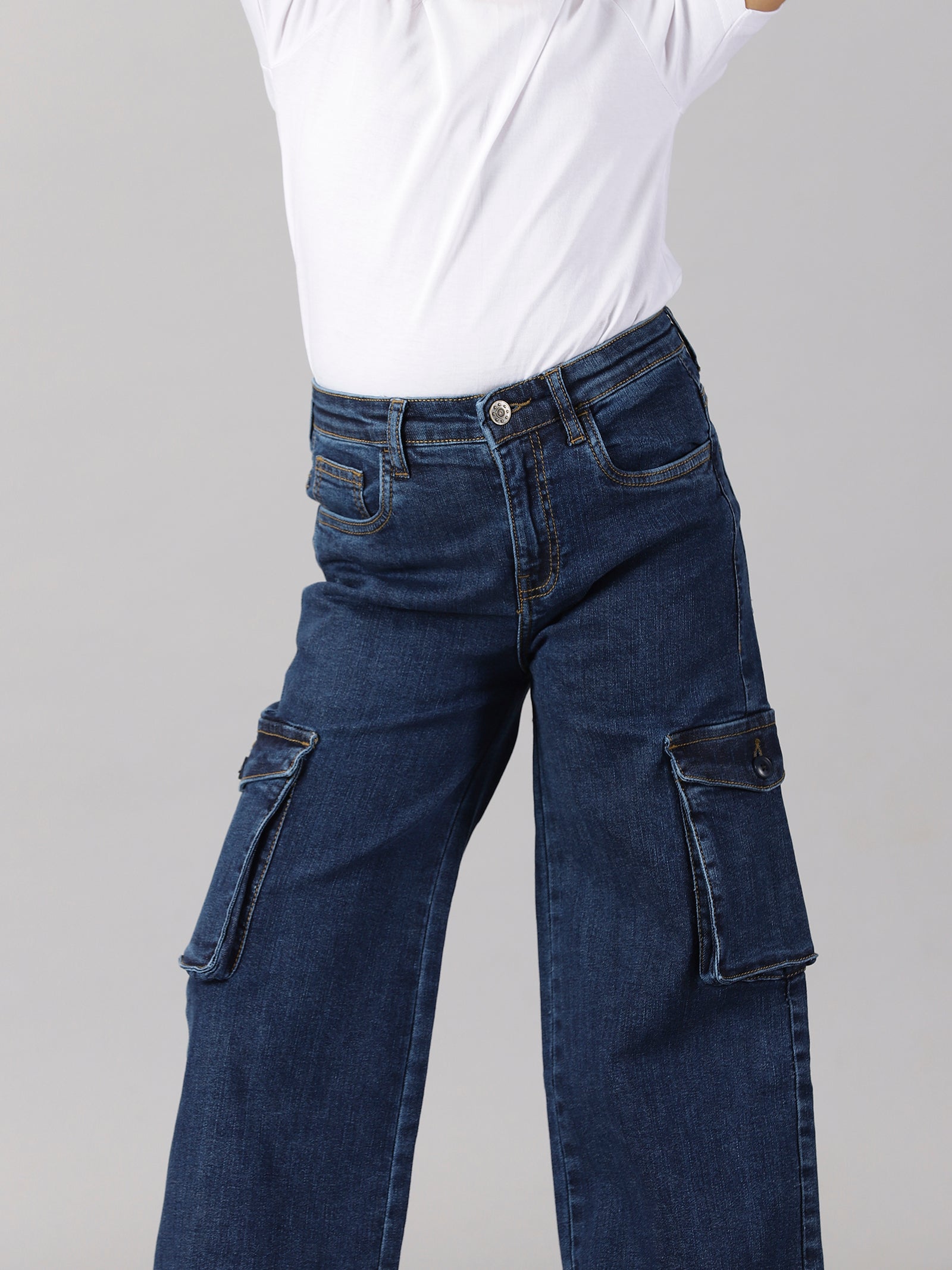 Girls Solid Tee Wide Leg Cargo Jeans pant Set