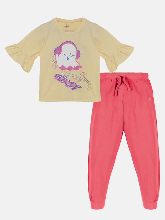 Girls Printed Frill half Sleeve Tee & Solid Track Pant Set