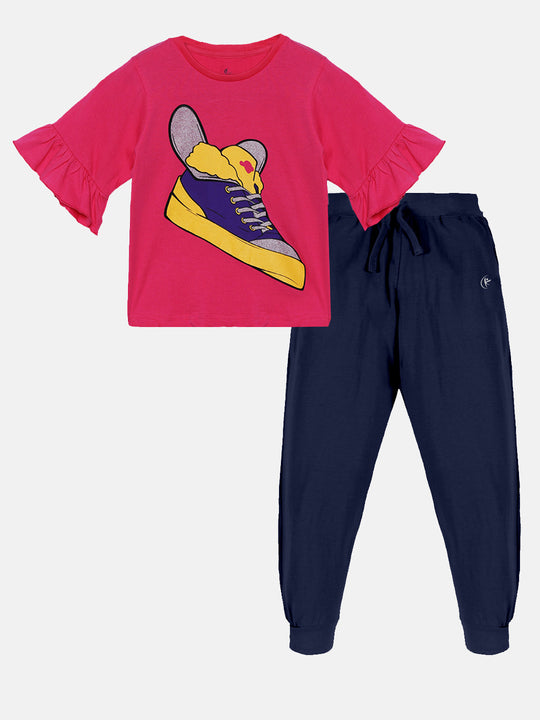 Girls Printed Frill half Sleeve Tee & Solid Track Pant Set