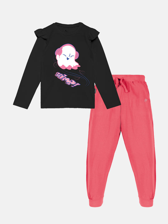 Girls Printed Full Sleeve Tee & Solid Track Pant Set