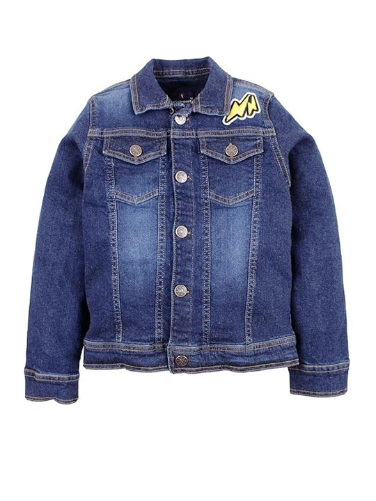 Boys Full Sleeves Solid Denim Jacket With Badge