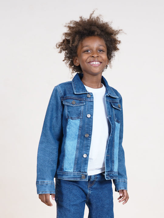 Boys Full Sleeves Denim Jacket With Contrast Wash Effect