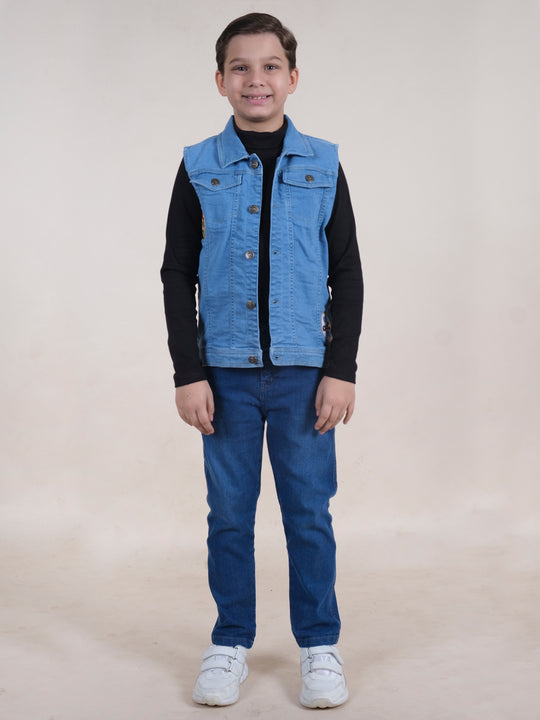 Boys Cotton T-Shirt With Denim Jeans & Jacket With Badges Set