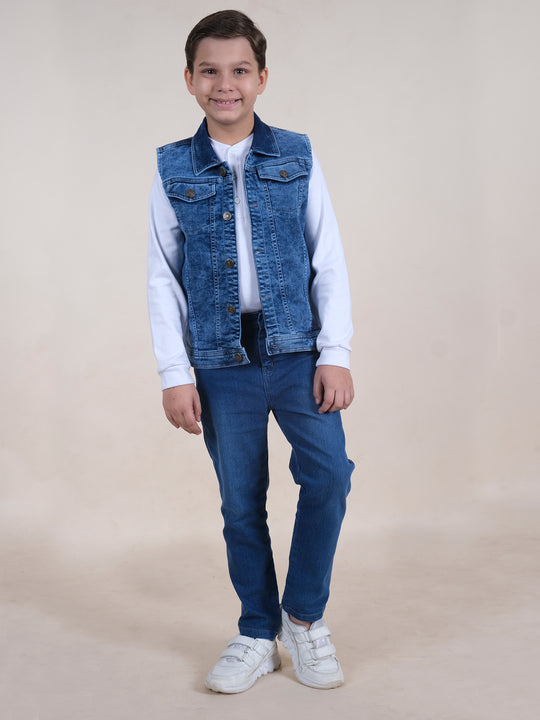 Boys Cotton T-Shirt With Denim Jeans & Jacket Set