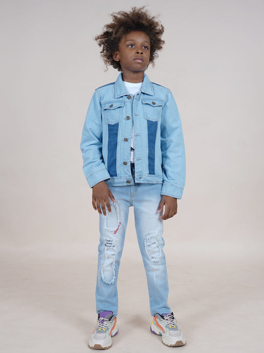 Boys Cotton Solid Half Sleeves Tee With Denim Jeans & Jacket Set