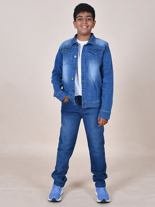 Boys Cotton Half Sleeves Solid Tee With Denim Jeans & Jacket Set