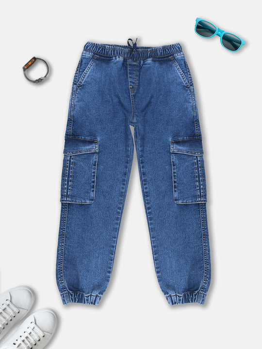 Boys Full Length Denim Jogger With Cargo Pocket & Elasticated Drawstring