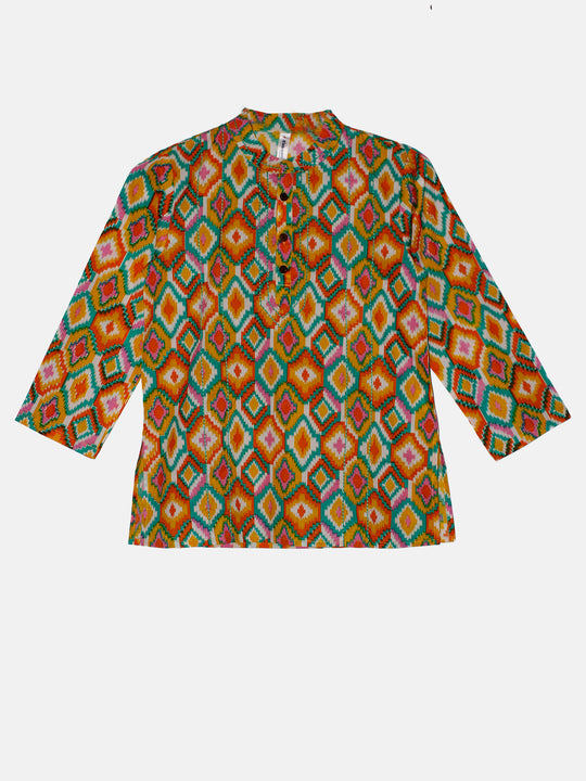 Boys 100% Cotton Ethnic Motif Jaipuri Short Kurta With Front Embroidery