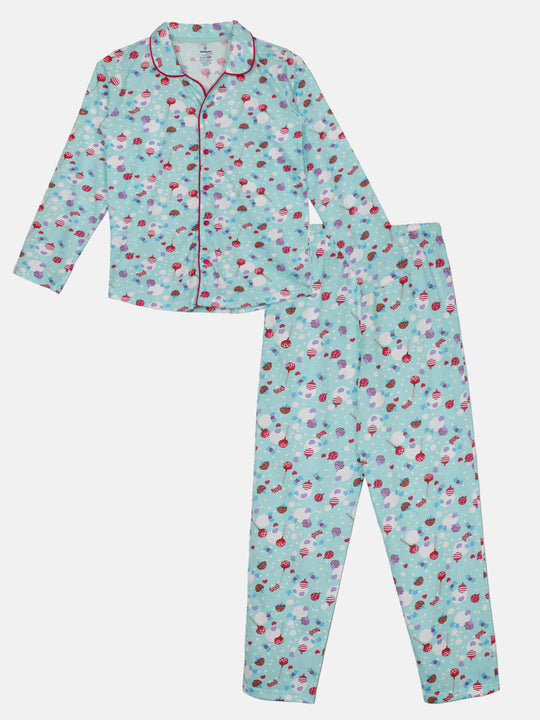 Girls Cotton All Over Printed Front Open Shirt With Pajama Night Set