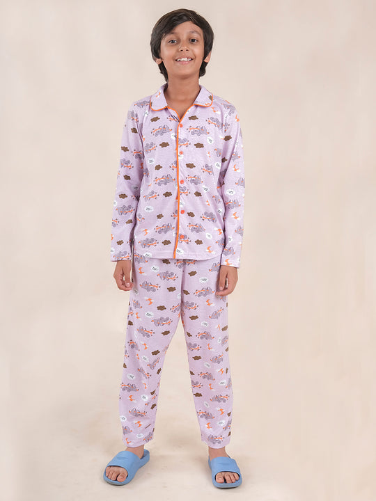 Boys Cotton All Over Printed Front Open Shirt With Pajama Night Set