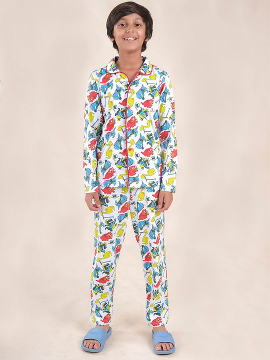 Boys Cotton All Over Printed Front Open Shirt With Pajama Night Set