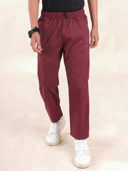 Boys Cotton Elastane Full Length Solid Cargo Pant