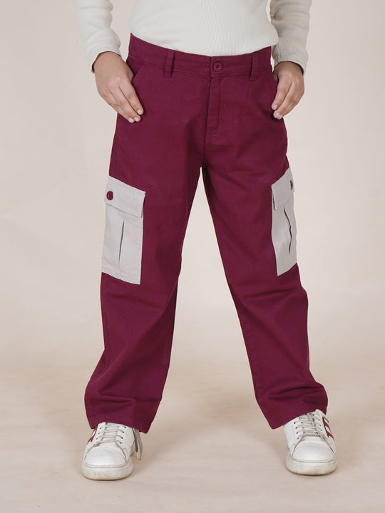 Boys Cotton Full Length Thigh Cut Sew Cargo Pant  With Contrast Pocket