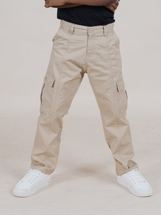 Boys Cotton Full Length Front Cut Sew Cargo Pant With Bottom Tab