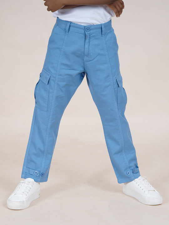 Boys Cotton Full Length Front Cut Sew Cargo Pant With Bottom Tab