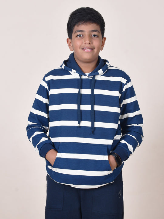 Boys Fleece Full Sleeves Striped Hooded Sweatshirt