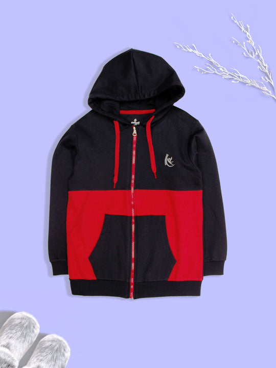 Boys Fleece Full Sleeves Cut & Sew Front Zip Up Hooded Sweatshirt