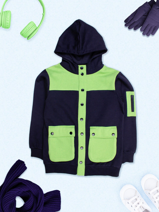 Boys Fleece Full Sleeves Cut & Sew Bellow Cargo Pocket Hooded Sweatshirt