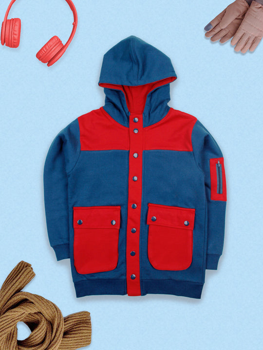 Boys Fleece Full Sleeves Cut & Sew Bellow Cargo Pocket Hooded Sweatshirt