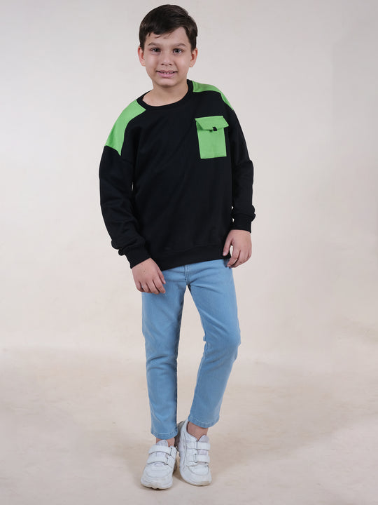 Boys Fleece Drop Shoulder Colour Block Cut & Sew Sweatshirt With Jeans Set