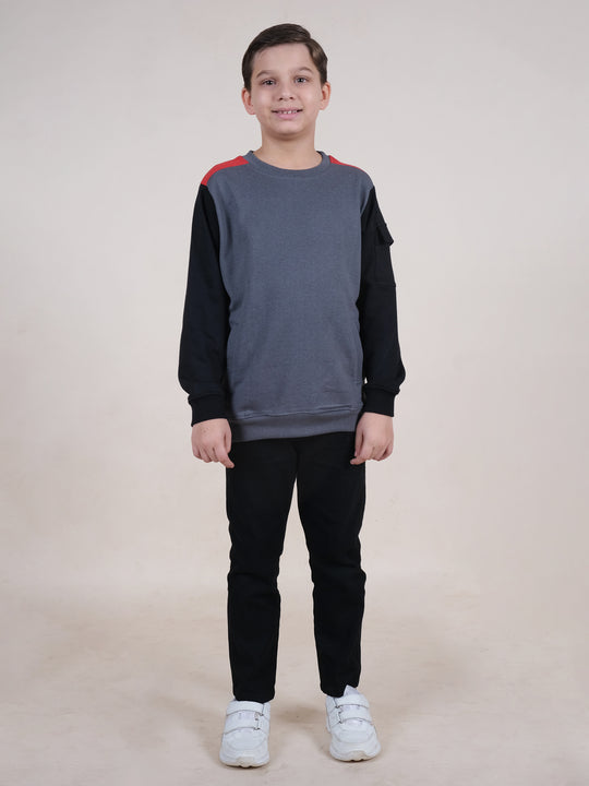 Boys Fleece Full Sleeves Colour Block Cut & Sew Sweatshirt With Jeans Set