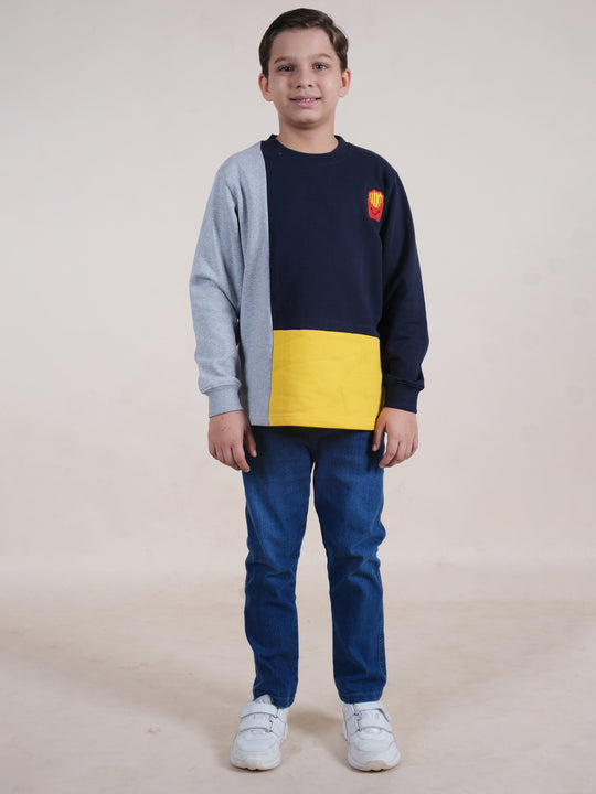 Boys Fleece Full Sleeves Colour Block Cut & Sew Sweatshirt With Jeans Set