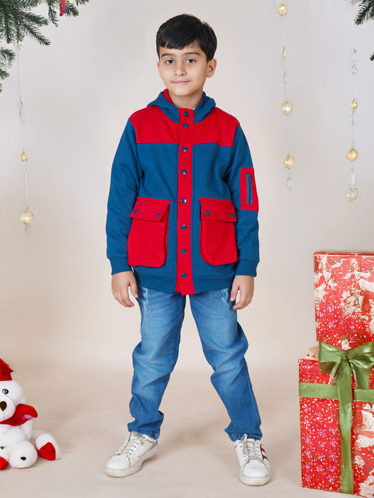 Boys Fleece Full Sleeves Bellow Cargo Pocket Hooded Sweatshirt With Jeans