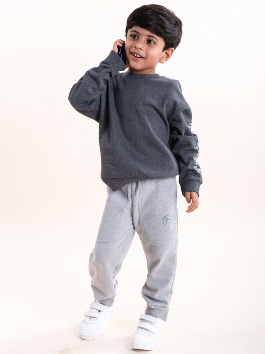 Boys Fleece Printed Round Neck Sweatshirt With Solid Track Pant Set