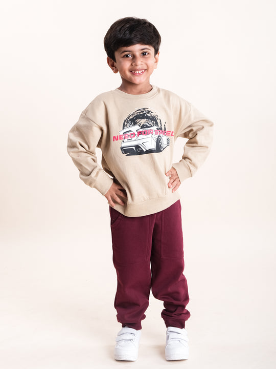 Boys Fleece Printed Round Neck Sweatshirt With Solid Track Pant Set